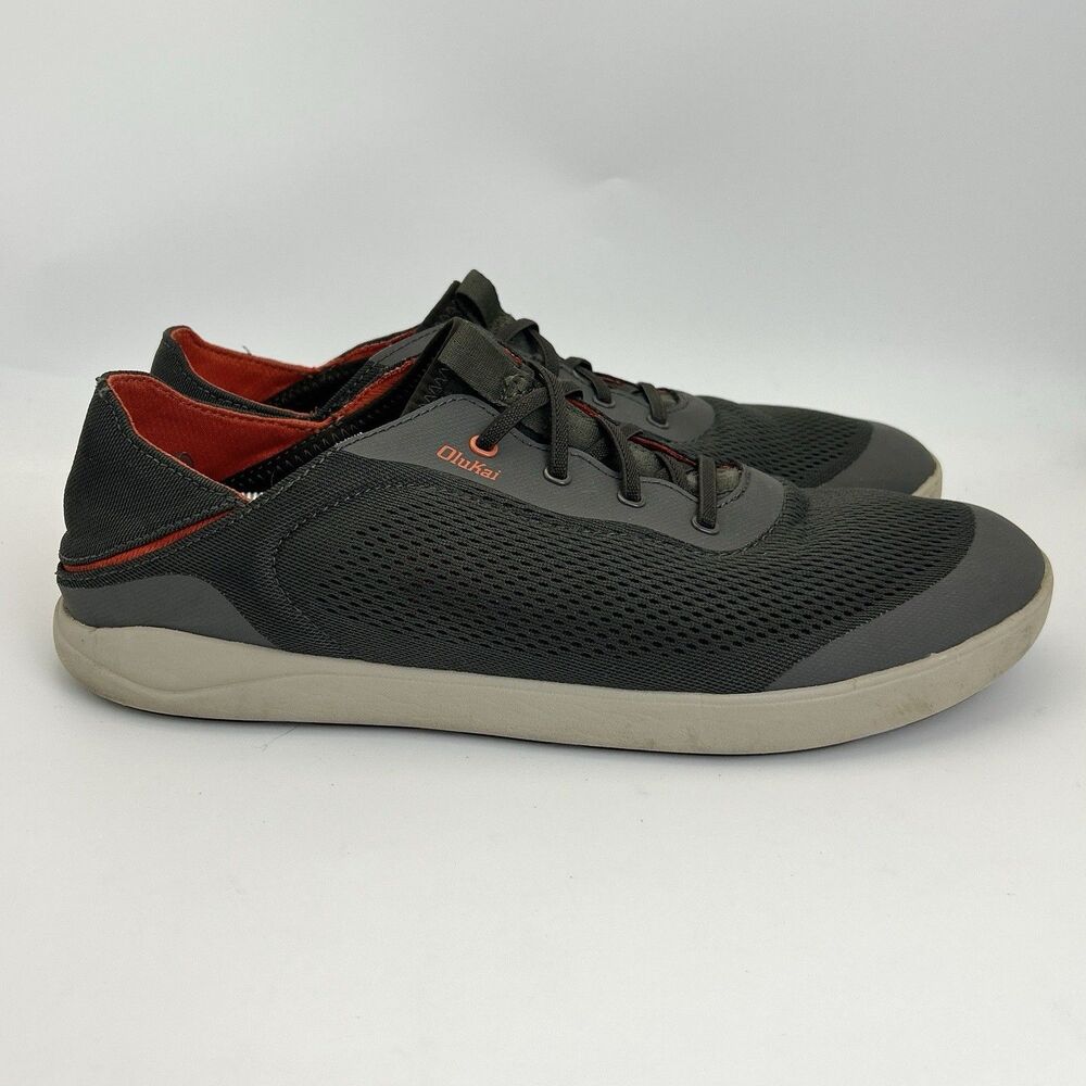 OluKai Moku Pae Boat Shoes Mens Size 13 Gray/Orange Quick-Dry Mesh Drop In Heel
